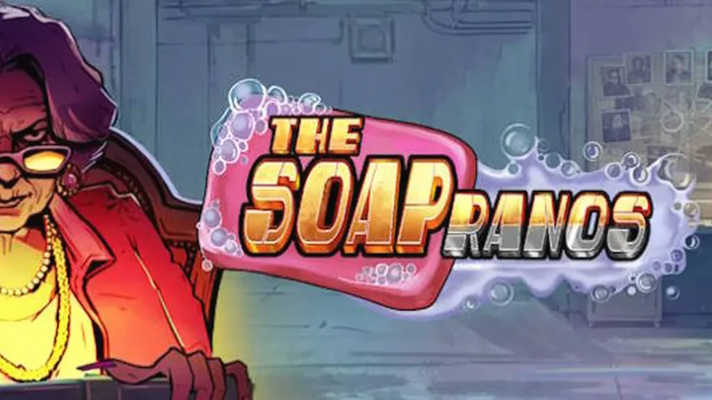 Tampilan visual slot Soapranos dengan elemen neon dan grid 5x3